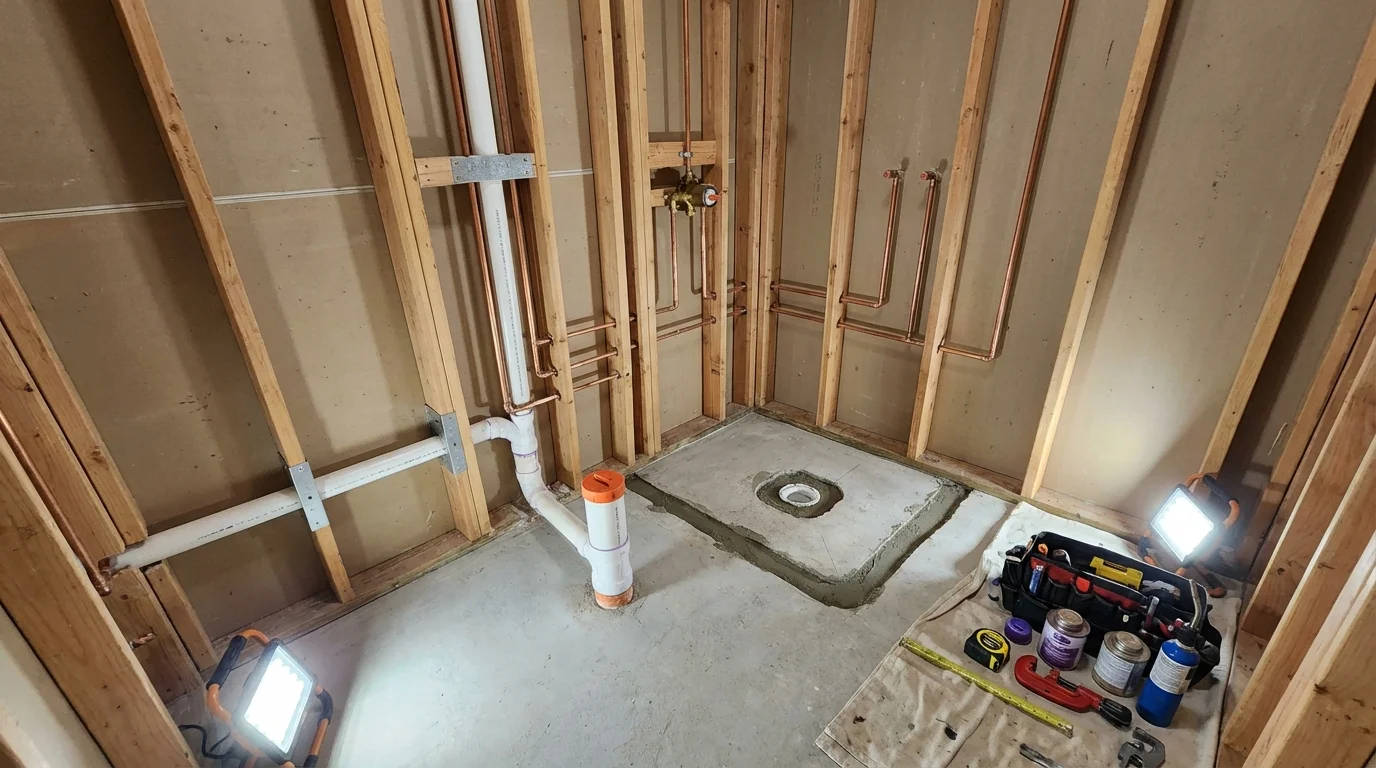 Bathroom rough-in plumbing during remodel by Johns Plumbing LLC in Twain Harte