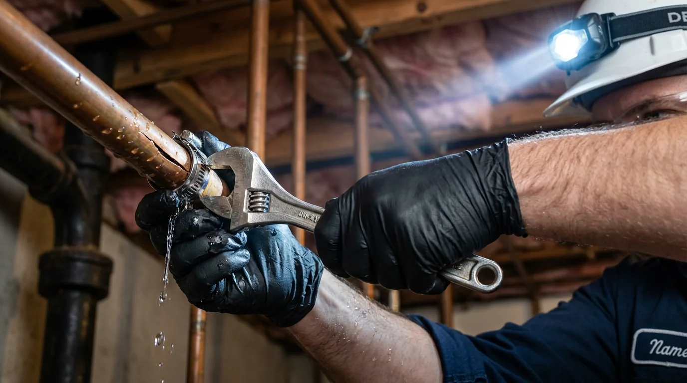 Emergency pipe clamp repair being performed by a Johns Plumbing LLC plumber in Twain Harte