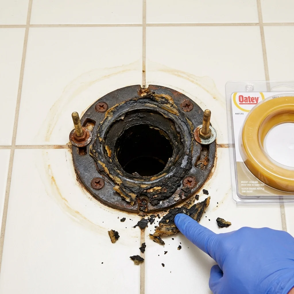 Failed wax ring showing water seepage at the base of a toilet in a Twain Harte, CA home