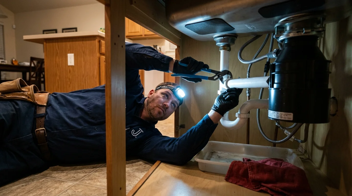 P-trap and supply line connections under a kitchen sink showing a common leak point in Twain Harte, CA